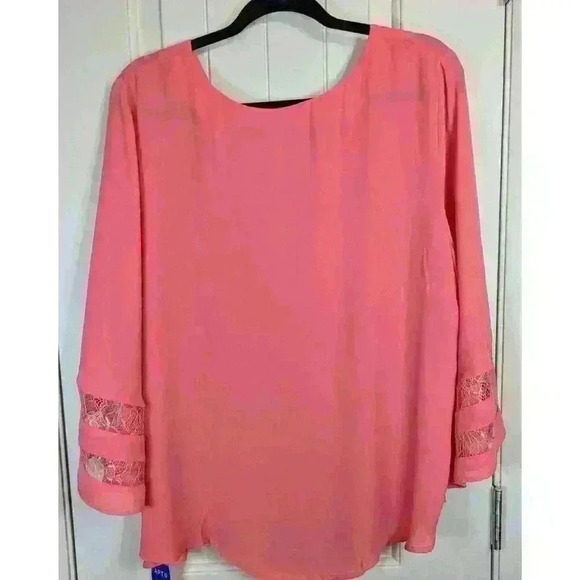 NWT Apt. 9 V-neck Peachy Pink Coral Sheer Lace Bell 3/4 Sleeve Blouse XXL - Picture 2 of 10